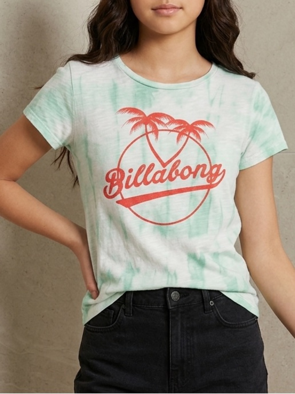 Billabong Girls Green Tie Dye Palm Tree Graphic Logo T-Shirt Size M